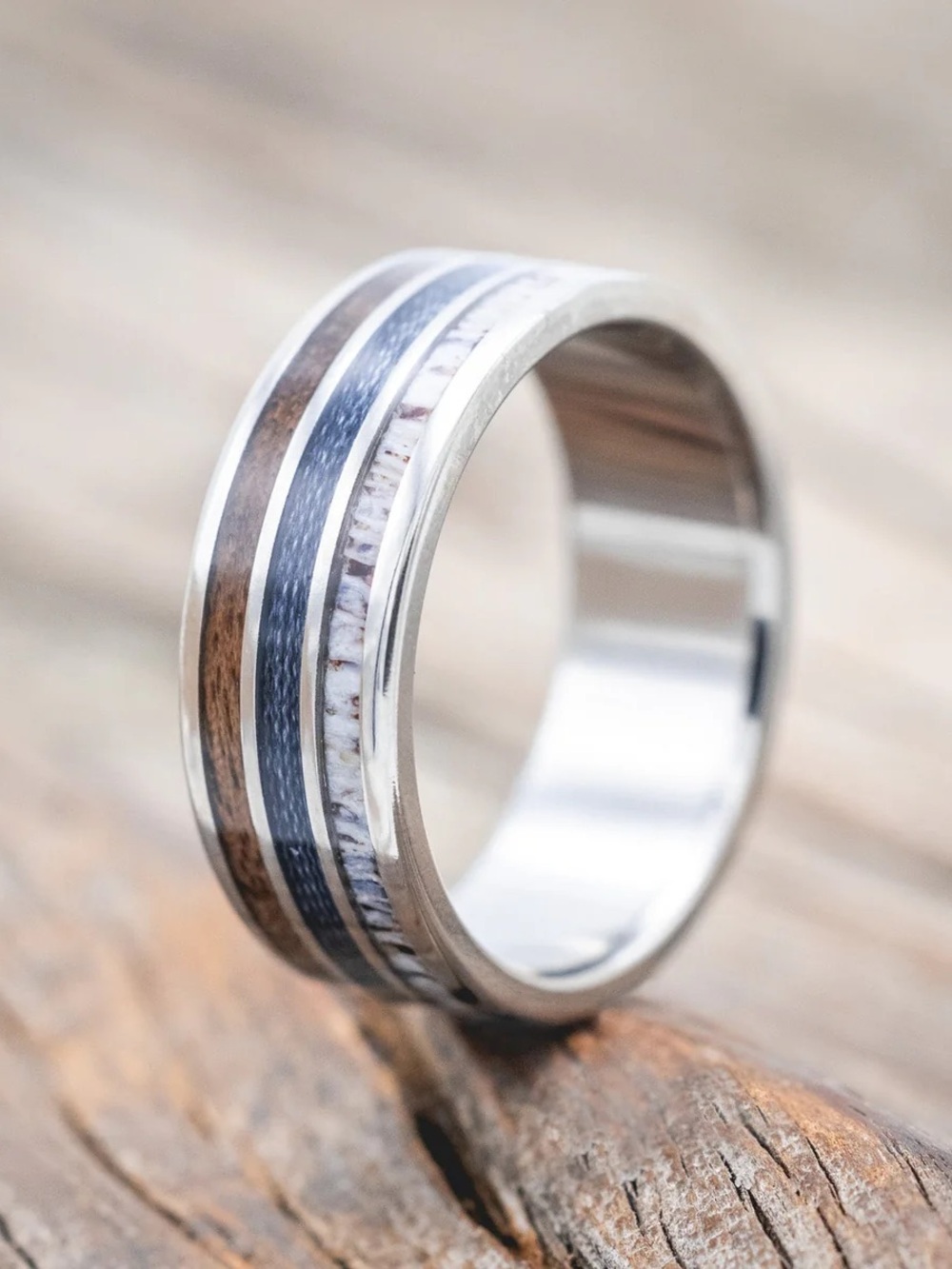 Titanium Antler, Fishing Line & Black Walnut Men’s Wedding Band - Size 7.5